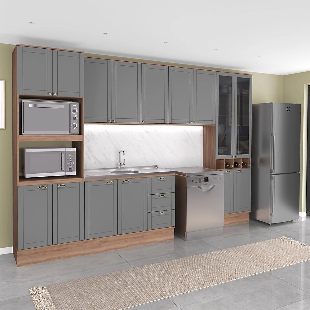 Cozinha Completa Milla Plano 15 Portas 3 Gavetas MDF MDP 380CM Nogal com Cinza Titânio Móveis