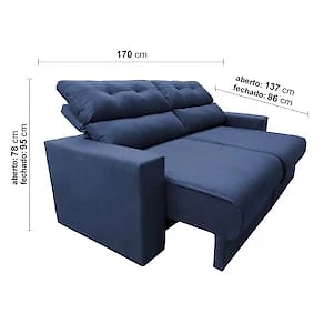Miniatura Sofá 3 lugares Cama inBox Clean com Assento Retrátil, Encosto Reclinável em Tecido Velusoft e 170cm de Largura Azul