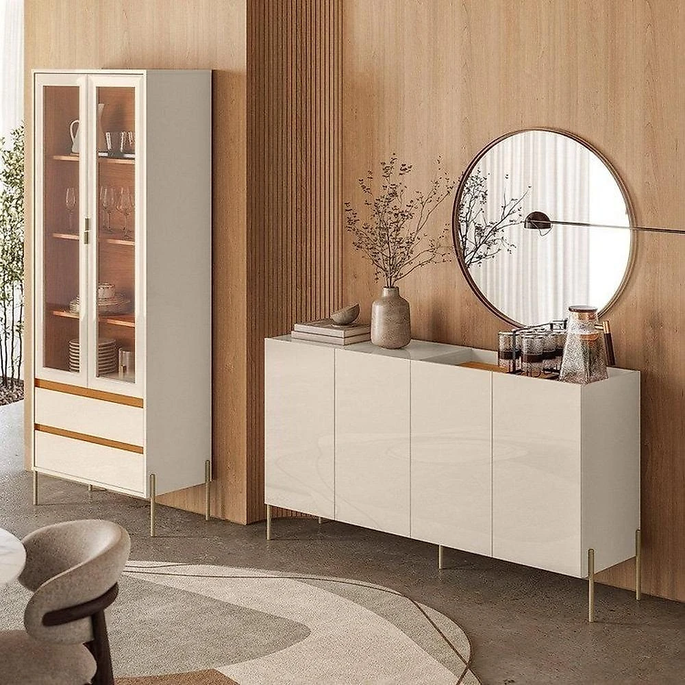 Conjunto Cristaleira Brisa e Buffet Aparador Balcão Cais Bandeja Integrada para Sala de Jantar Cinamomo/Off White