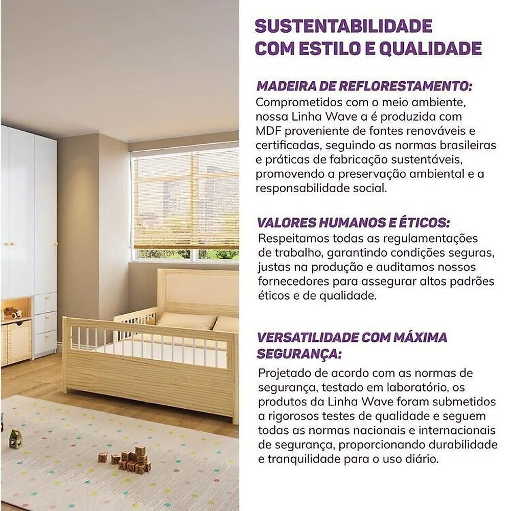 Conjunto Dormitório com Cama Montessoriana Casal e Guarda-roupa Modulado com Led Wave Casatema Branco/Natural
