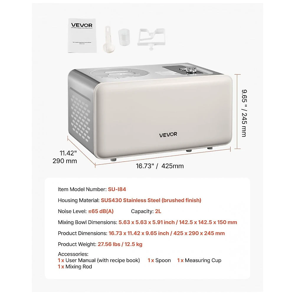 Máquina de Sorvete Automática VEVOR com Compressor Integrado, 1,89 Litros Sem Precisar Congelar, Máquina de Sorvete de Gelato Elétrica