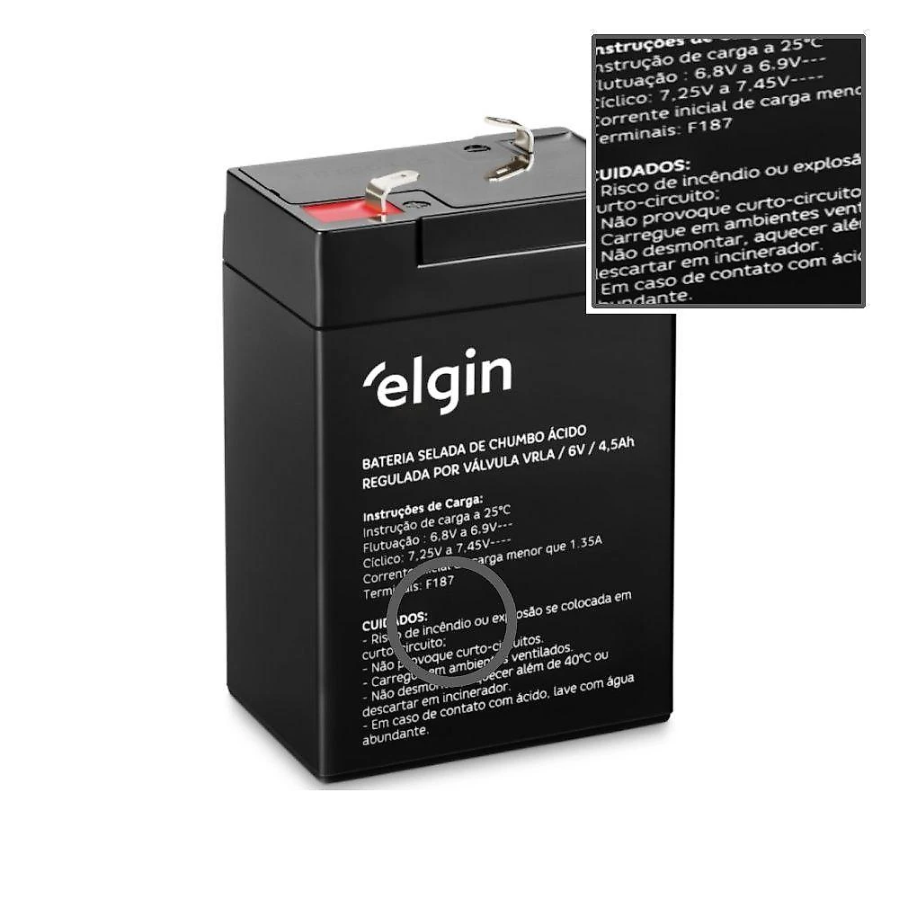 Bateria Selada Elgin F187 para Nobreak Alarme VRLA 6V 4,5Ah Terminal F1