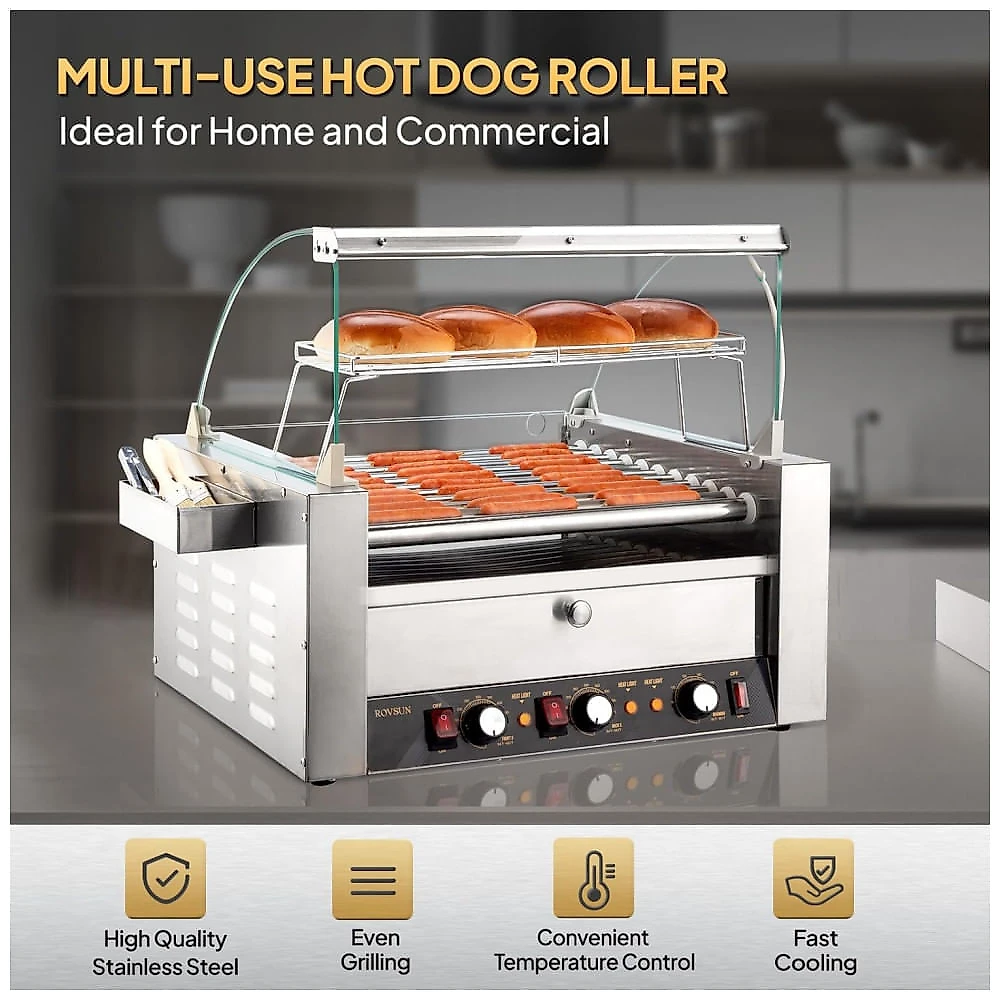Máquina para Cachorro Quente 11 Rolos até 30 Salsichas com Luz LED, Controle de Temperatura Duplo e Aquecedor de Pão, 11...