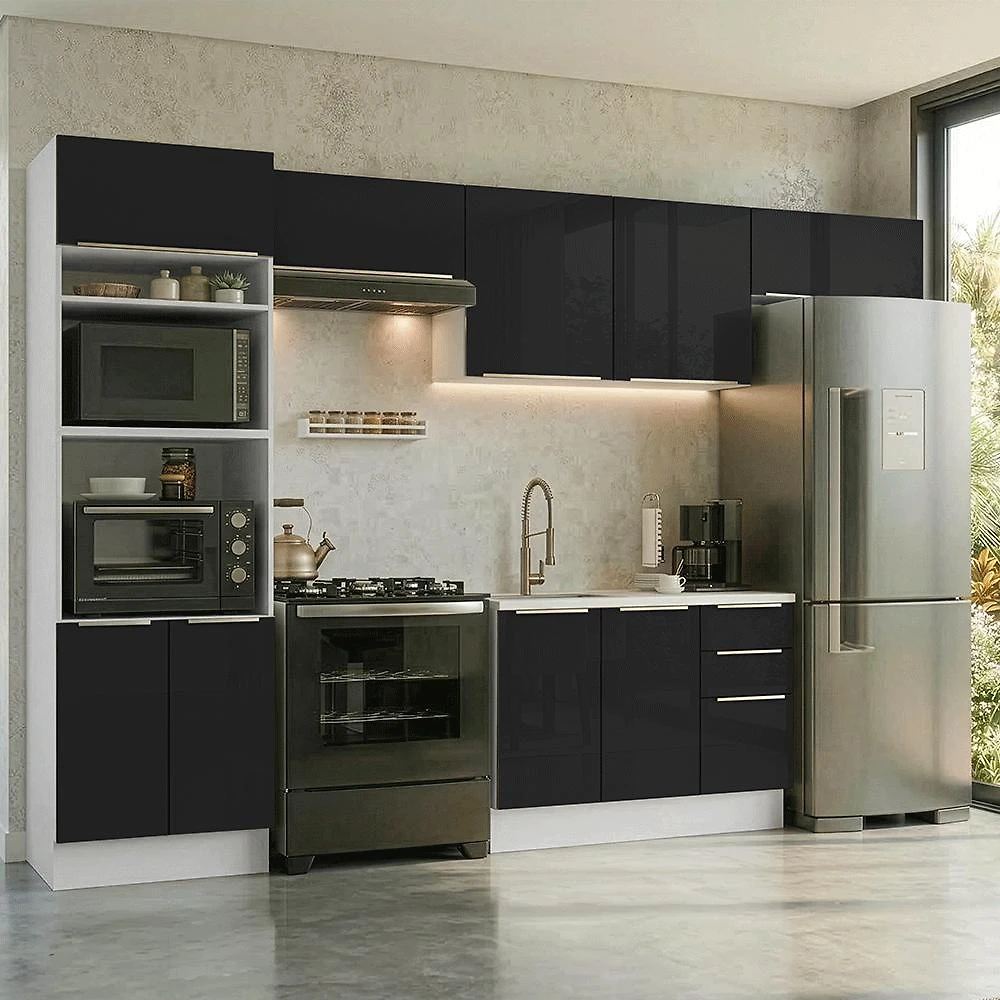 Armário de Cozinha Completa 350 x 60 cm Branco/Preto Lux Madesa 02