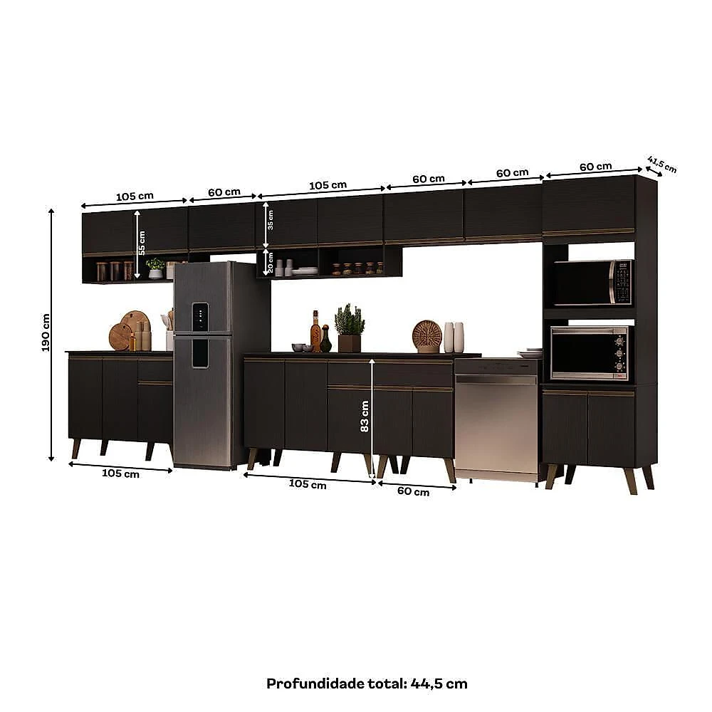 Cozinha Completa Atlanta Mile 18 Portas 3 Gavetas MDP 450CM Preto Touch Carraro