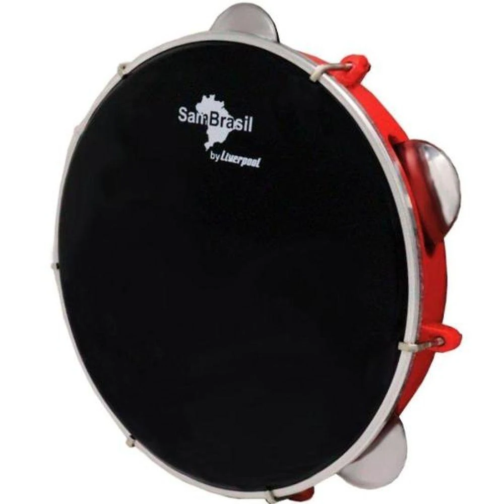 Pandeiro 10" Premium Pele Preta Sambrasil Leve e Resistente Vermelho Liverpool
