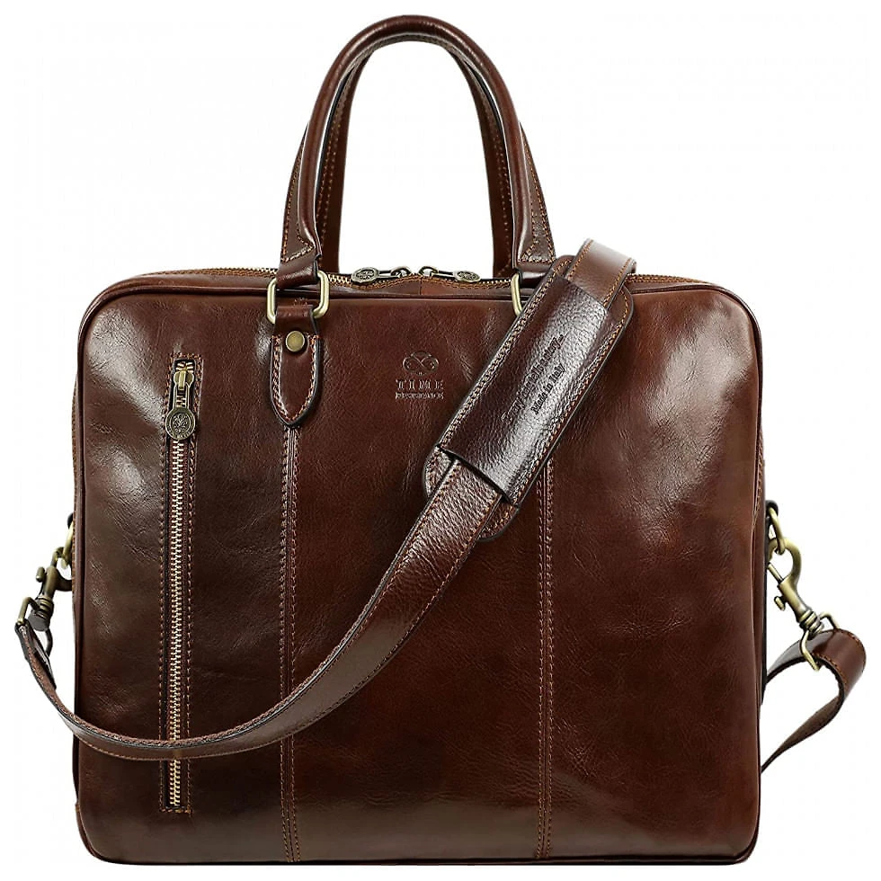 Bolsa Maleta Time Resistance de Couro Unissex para Laptop , Marrom
