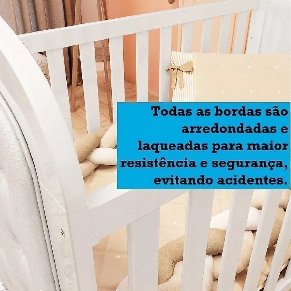 Quarto de Bebê Berço com Capitonê Guarda Roupa e Cômoda com Janela Maya Clássico Espresso Móveis Branco Brilho/Corino Branco