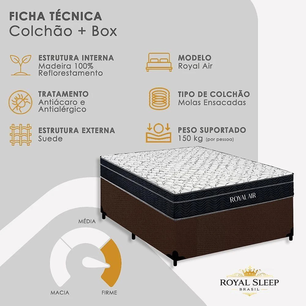 Kit Cama Box Casal Royal Air Pillow Top Molas Ensacadas Suede Marrom Royal Sleep