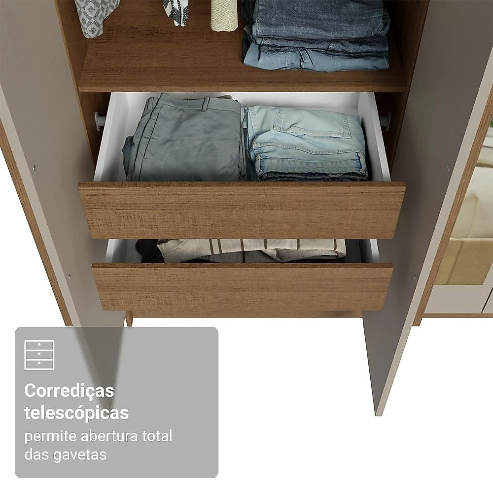 Guarda-roupa solteiro 4 portas batentes com espelho rustic/crema/rustic venus madesa