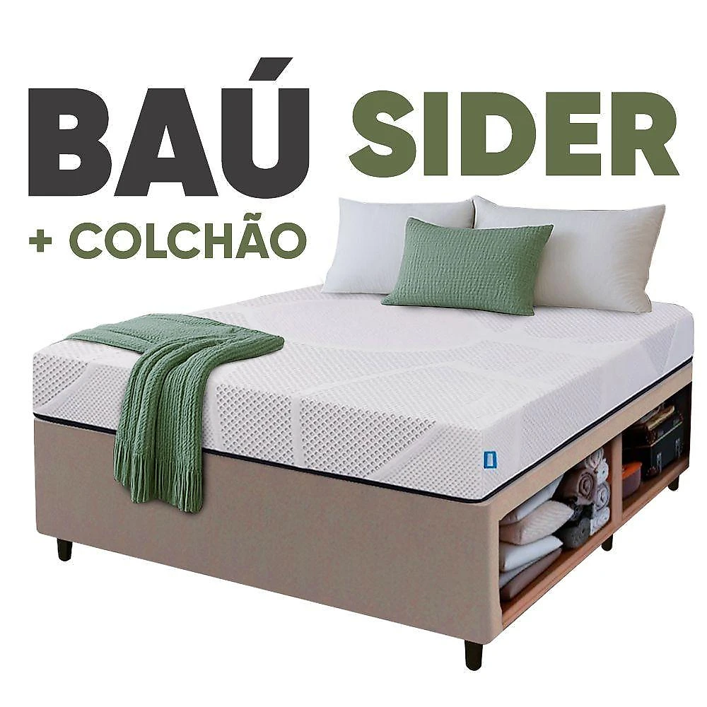 Cama Box Baú Base Sider Solteiro Bege + Colchão Umaflex Fit Firm D33 Altura 17cm - Orthocamas