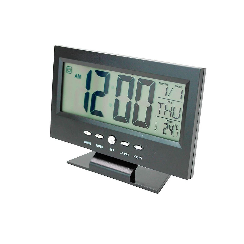 Relogio De Mesa Digital Lcd Led Acionamento Sonoro Despertador Termometro Preto