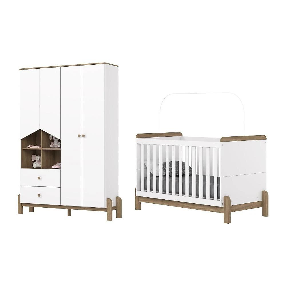 Conjunto Quarto de Bebê Berço 2 em 1 e Guarda-Roupa Yuri Branco/Jequitibá HP