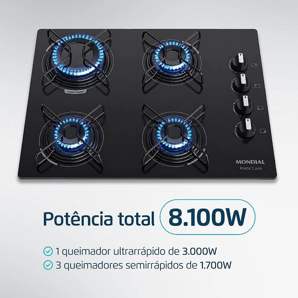 Cooktop a Gás 4 Bocas Mondial Preto Bivolt - CTG-05-4B Bivolt