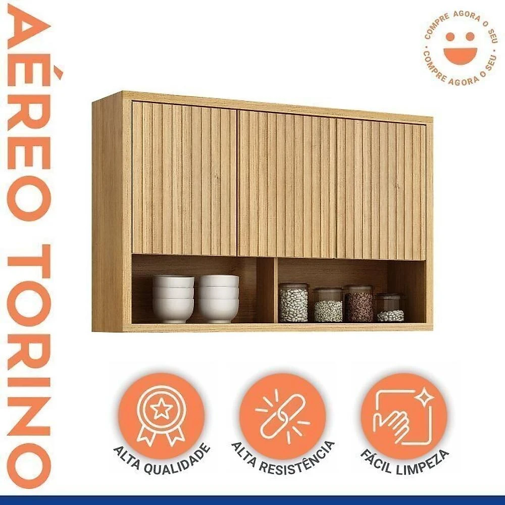 Conjunto de Cozinha Balcão 3 Portas 2 Gavetas e Armário Aéreo 120cm 3 Portas Ripado Torino Cinamomo/Off White