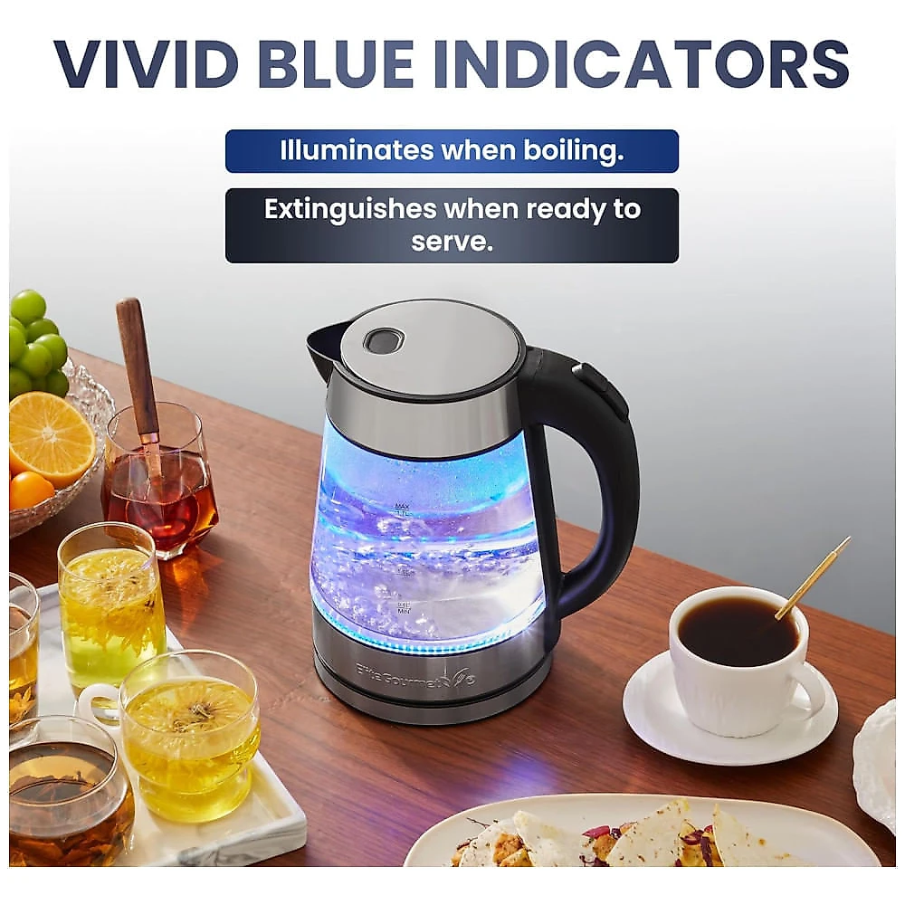 Chaleira Elétrica Elite Gourmet EKT602 de Vidro Livre de BPA, Base 360 sem Fio, Design com LED Azul Estiloso, Função de Desligamento Automático - 1,7L