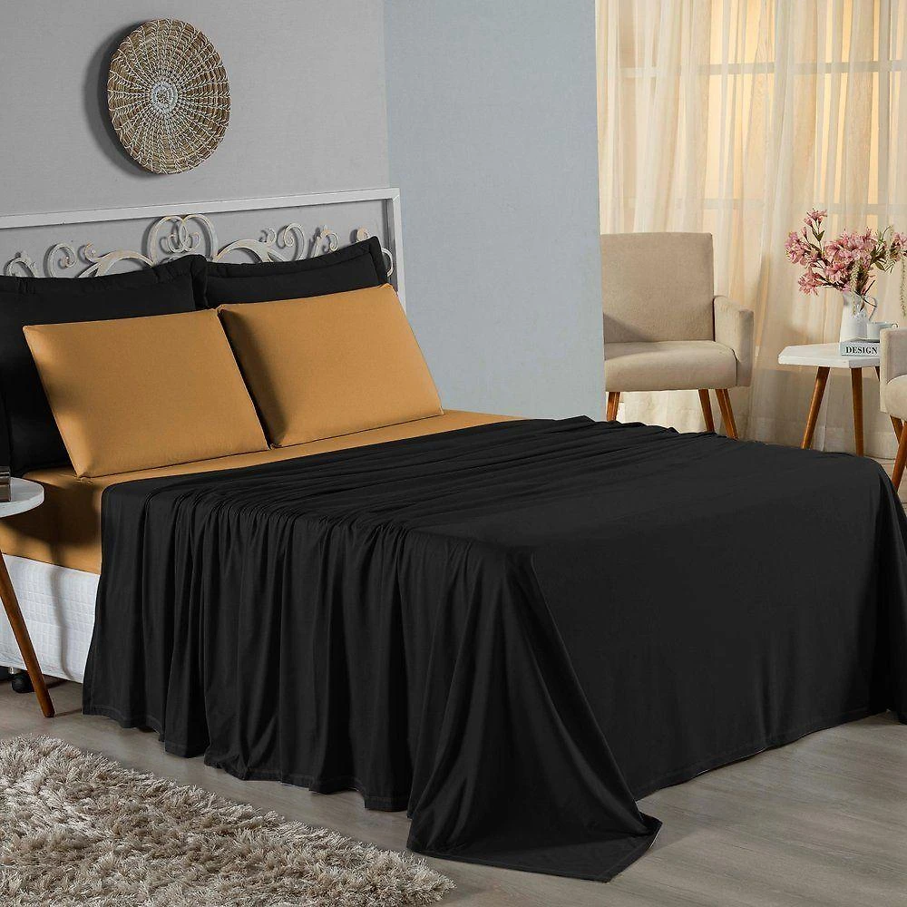Jogo De Cama King Nobre 4 Peças Lençol Com Elástico De 30cm De Altura Malha 100% Algodão - Preto / Cobre