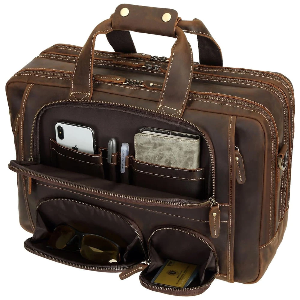 Bolsa Carteiro Masculina de Couro Genuíno para Laptop com 17,3 Polegadas e Fecho em Zíper, Texas, Marrom