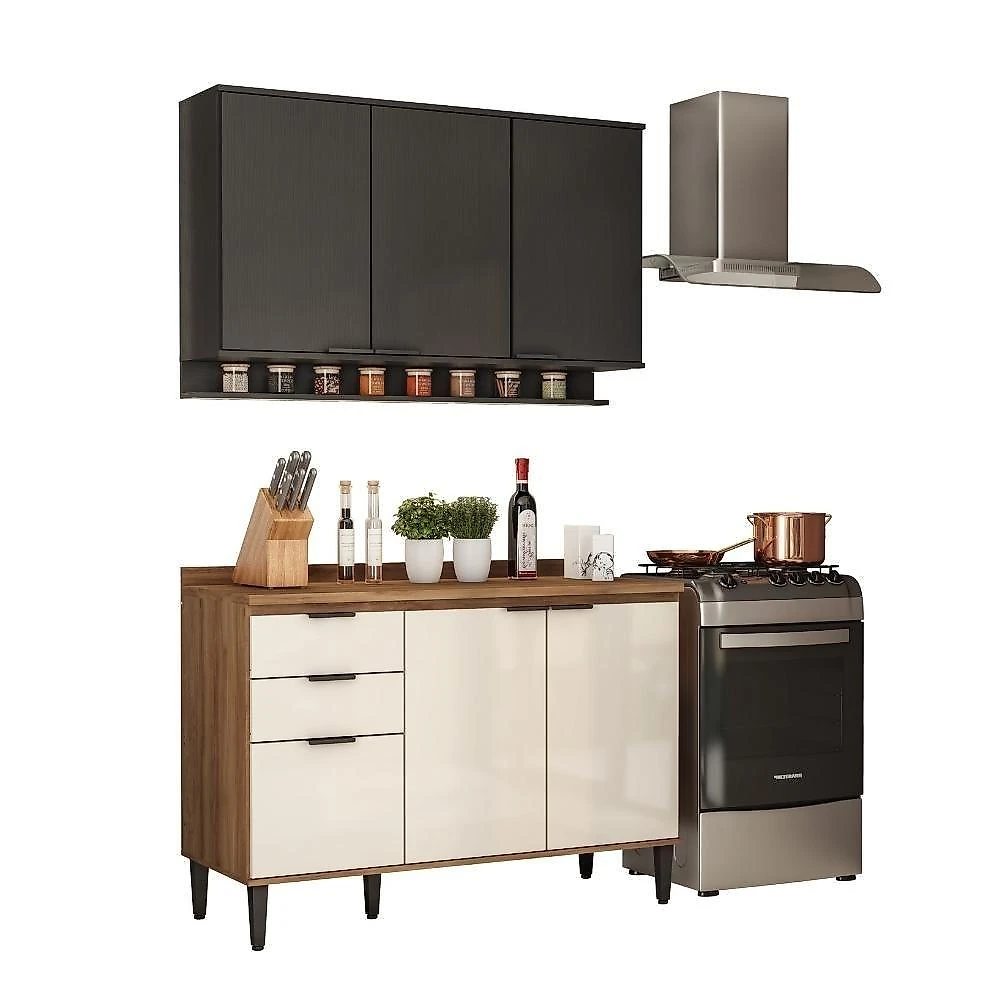 Armário De Cozinha Completa C/ Tampo Lótus Tiny Carraro Freijó Off White Preto Touch