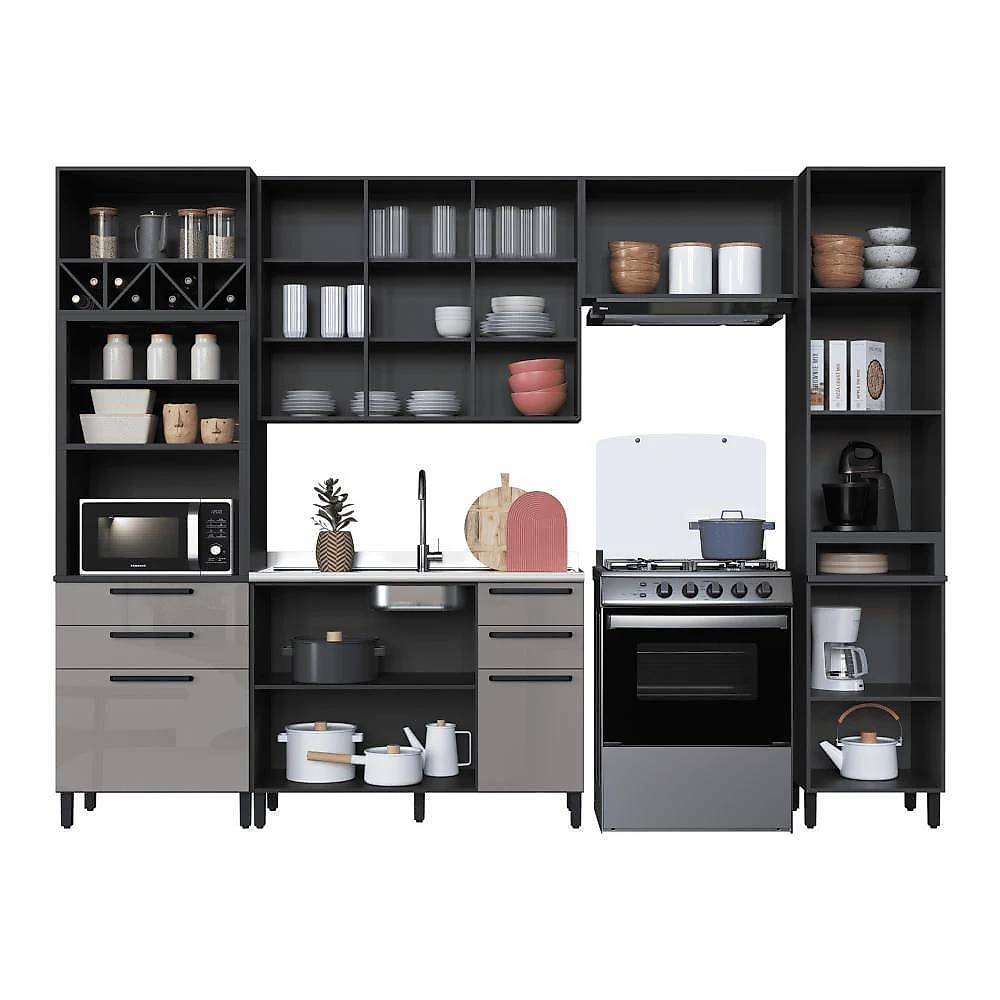 Cozinha Completa Modulada Mônaco 9 Portas 6 Gavetas 320CM Chumbo Titânio Fidelita Móveis