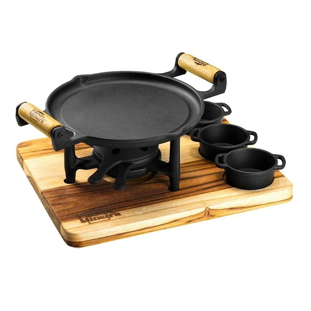 Fogareiro Fogo Forte 03 Molheiras para Carnes em Ferro Fundido com Suporte em Madeira Panela Mineira