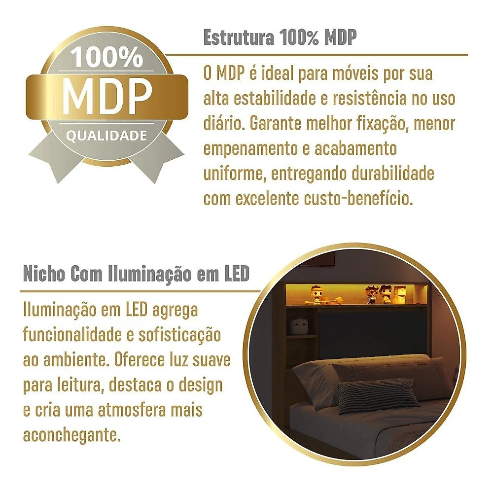 Cama de Solteiro 90 Suspensa com Ilunimação em Led e Organizador na Cabeceira Cancun cor Mel/Grafite Mel/Grafite