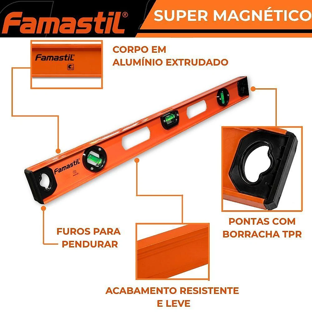 Nível Alumínio Magnético 48 3 Bolhas Famastil