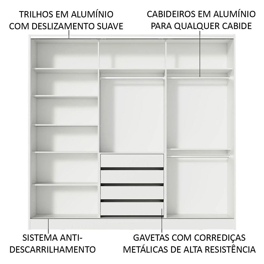 Miniatura Guarda Roupa Casal 100% MDF Madesa Zurique 3 Portas de Correr com Espelho - Branco Branco