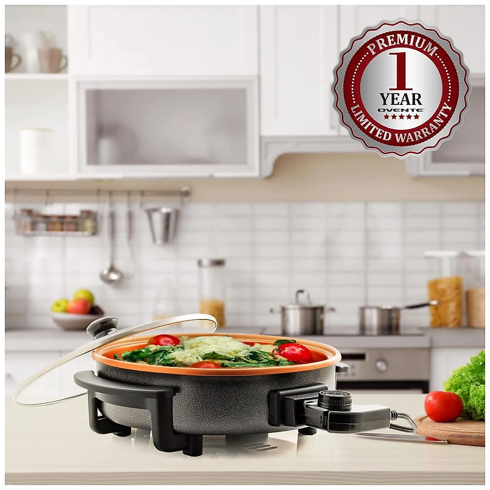 Frigideira Elétrica OVENTE de 30 cm com Revestimento Antiaderente, 1400W, Controle de Temperatura Ajustável e Tampa de Vidro Temperado