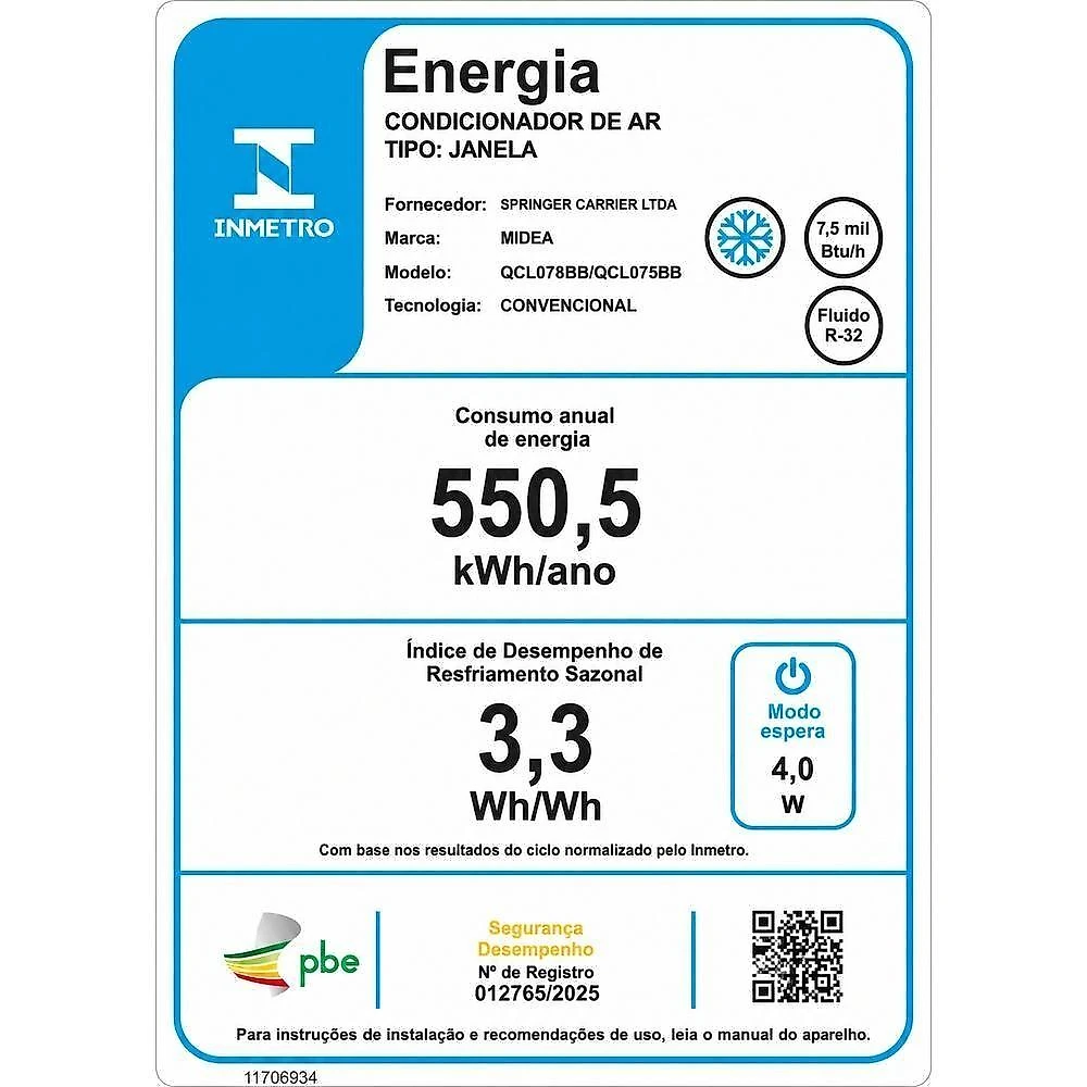 Ar Condicionado Janela Midea 7500 BTUS Frio 220V QCL078BB QCL075BB