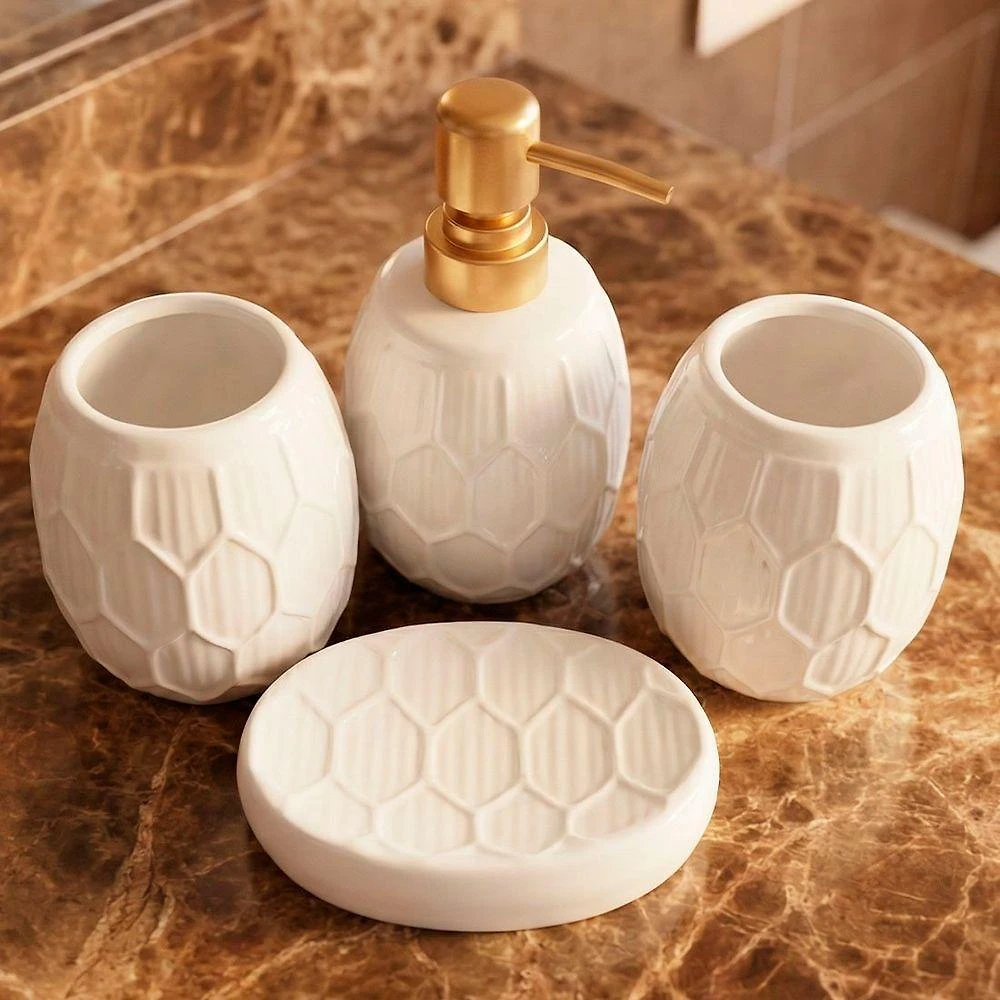 Jogo Banheiro Lavabo Acessórios Textura Hexagonal Kit 4 Branco