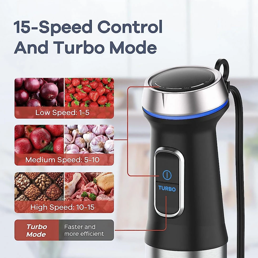 Mixer Portátil 5 em 1 com 15 Velocidades, Modo Turbo e Lâmina de Aço Inoxidável, 800W 110V, Ganiza, Prata
