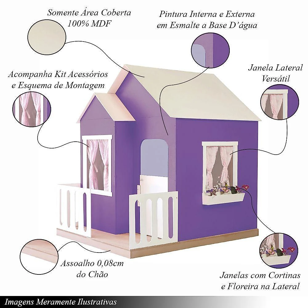 Casinha De Brinquedo Artesanal Janela Lateral Versátil Com Cortinas Mdf Roxo/branco L12 - Criança Feliz