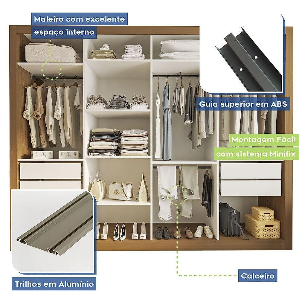 Guarda Roupa Casal Firenze Com 6 Espelhos 4 Portas Minastex Carvalho