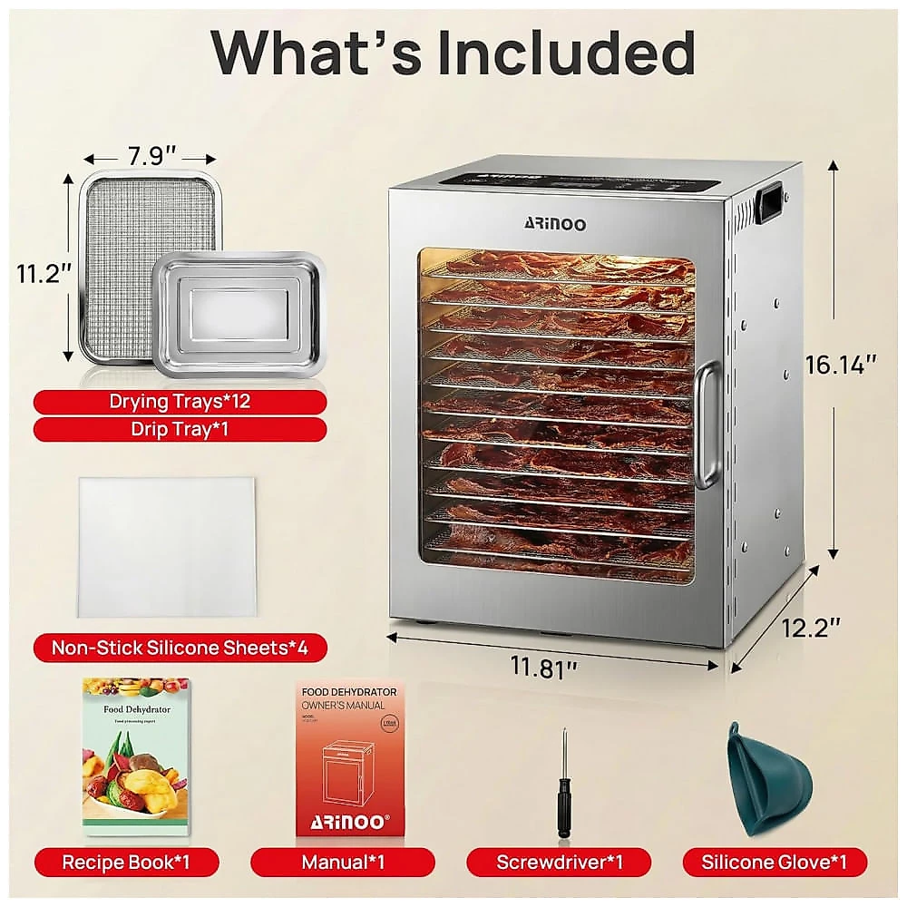 Desidratador de Alimentos ARINOO 12 Bandejas Prata Aço Inoxidável 85°-95°C 800W 240V