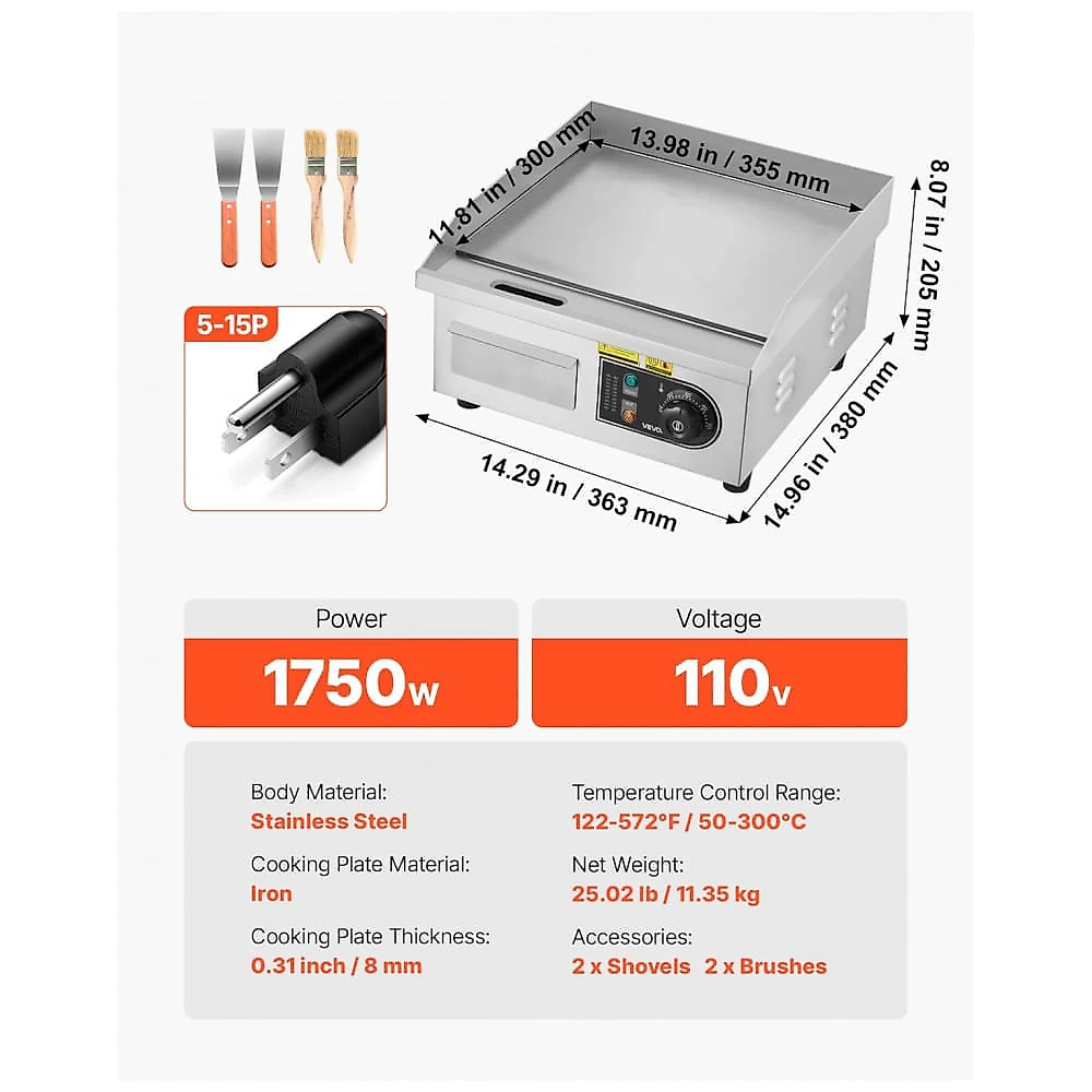 Chapa Elétrica Comercial VEVOR 36cm Antiaderente Teppanyaki 6 Temperaturas 50°C-300°C 110V