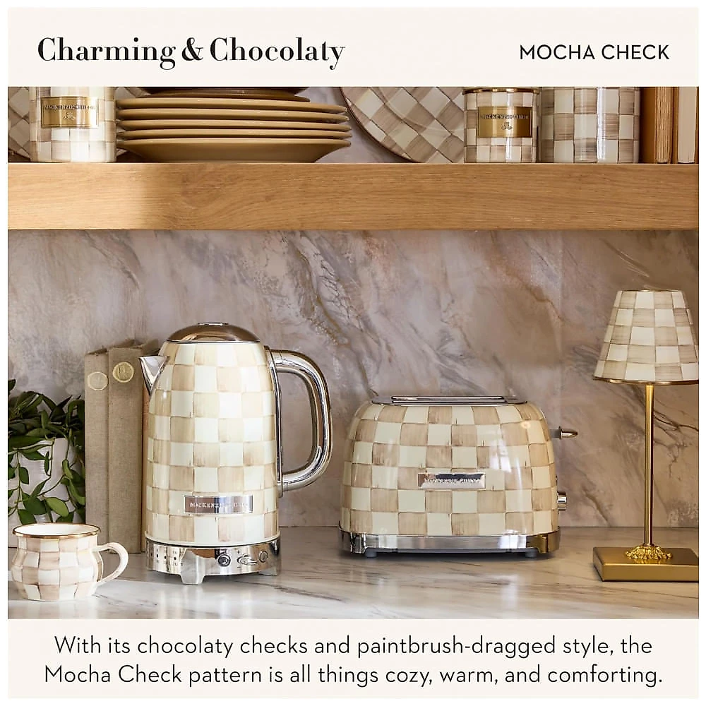 Conjunto chaleira elétrica e torradeira 2 fatias MacKenzie-Childs Mocha Check marrom e branca inox 110V