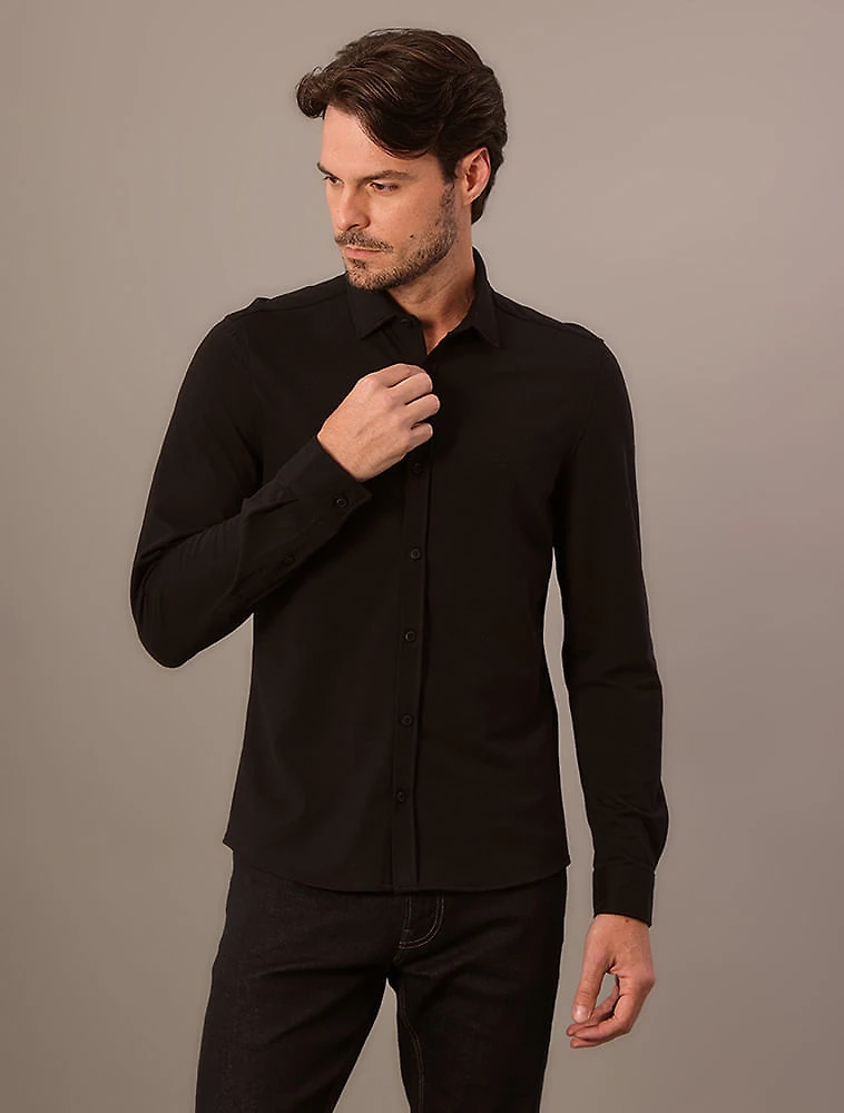 Camisa Manga Longa Slim Malha Piquet - Preto