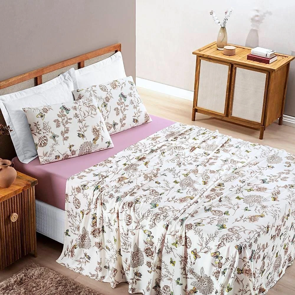 Edredom 2,60m X 2,40m + Jogo De Cama Malha Quality King 05 Peças 100% Algodão - Butterfly