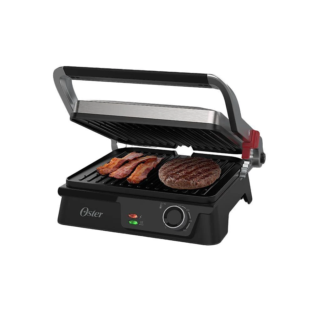 Grill elétrico oster ogrl610 multiuso com chapa antiaderente e abertura 180 graus inox 110v