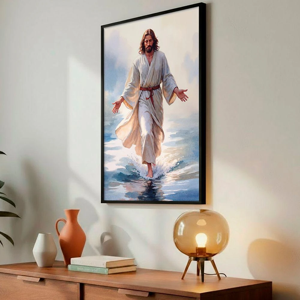 Quadro Decorativo Jesus Sobre as Águas Retangular 40x60CM com Moldura de Madeira Preto Soleil Home