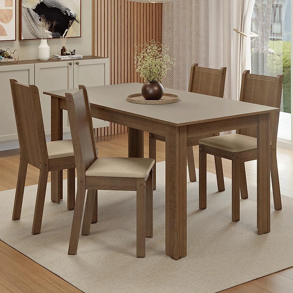Conjunto sala de jantar amora mesa tampo de madeira 4 cadeiras rustic/crema/sintético bege madesa