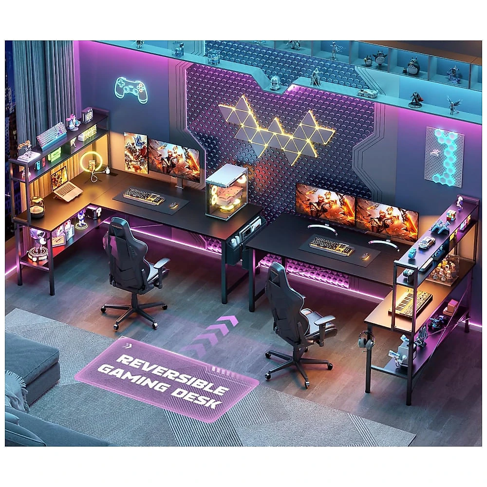 Mesa Gamer L Aheaplus 150 cm Preto com Tomada Elétrica, Luz LED, Prateleiras Reversíveis e Ganchos, Modelo 150 cm (150x150x48 cm)