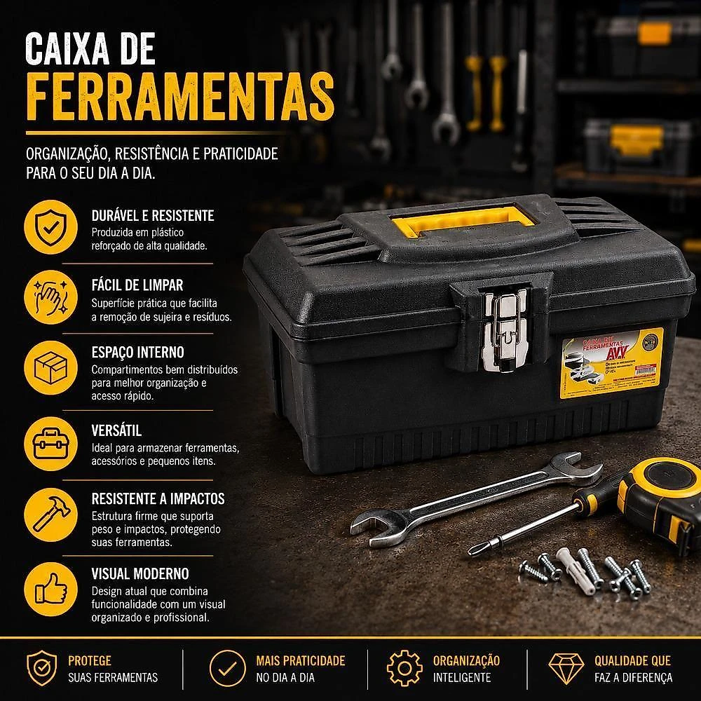 Caixa de Ferramentas Profissional 43cm Bandeja Removível Plástico Reforçado Preta Yeet