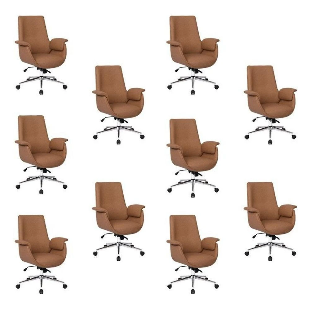 Kit com 10 Cadeiras Office Diretor com Revestimento em Couro e Base em Aço Cromado Valencia Caramelo Caramelo