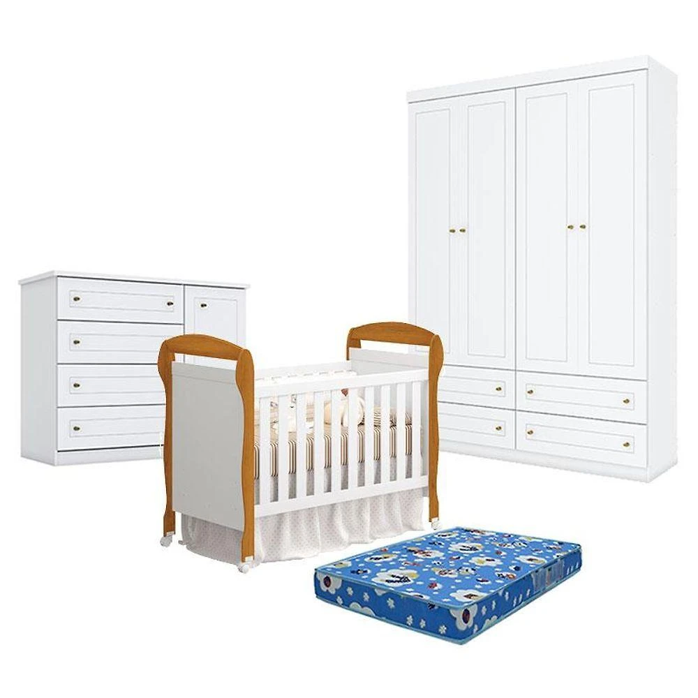 Quarto De Bebê Americano 4 Portas Com Berço Danny Branco Acetinado Savana Reller E Colchão Tendtudo - Henn.