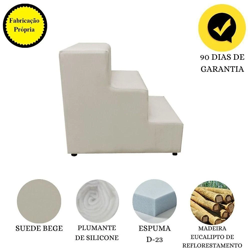 Escadinha Pet 3 Degraus Cachorro Escada Cão Bege Suede Grace
