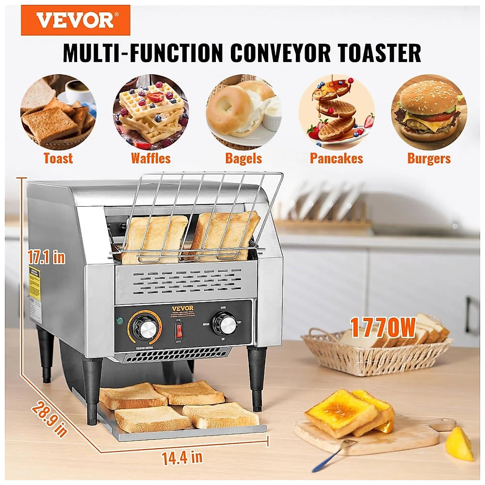 Torradeira Comercial VEVOR, Esteira Transportadora, 300 Fatias por Hora, Aço Inoxidável Resistente, Torradeira Elétrica para Pão, Pão de Forma