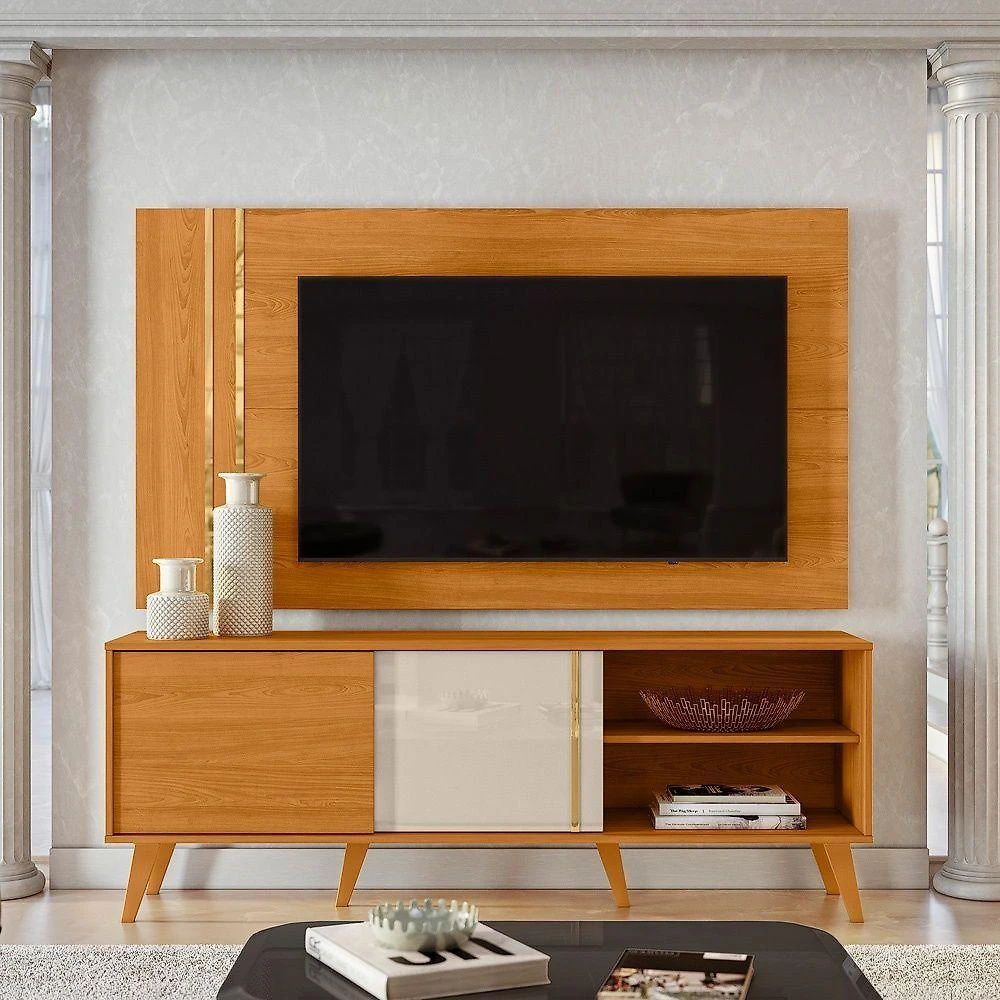 Kit Bancada e Painel Cronos Retangular MDF-MDP 120CM Cinamomo Off White Pallazio