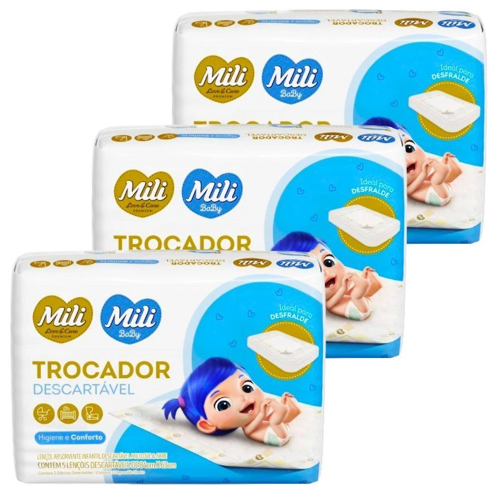 Trocador Descartavel Love & Care para Bebe 3 Pacotes com 5 Lencois Absorventes Mili